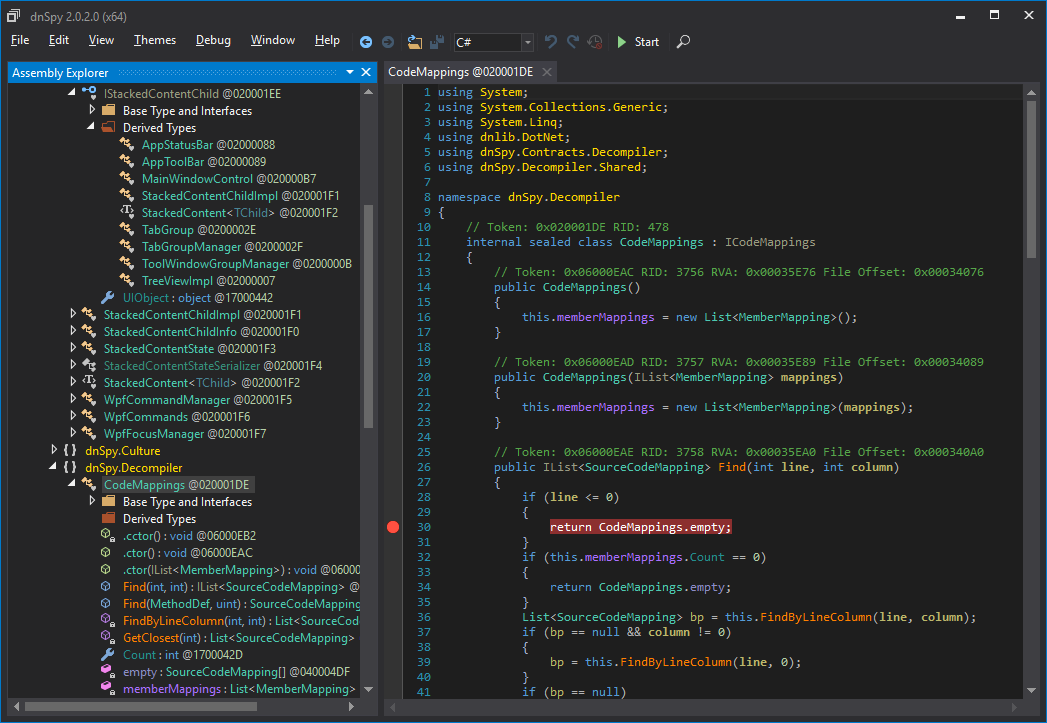 dnSpy decompiler and debugger window