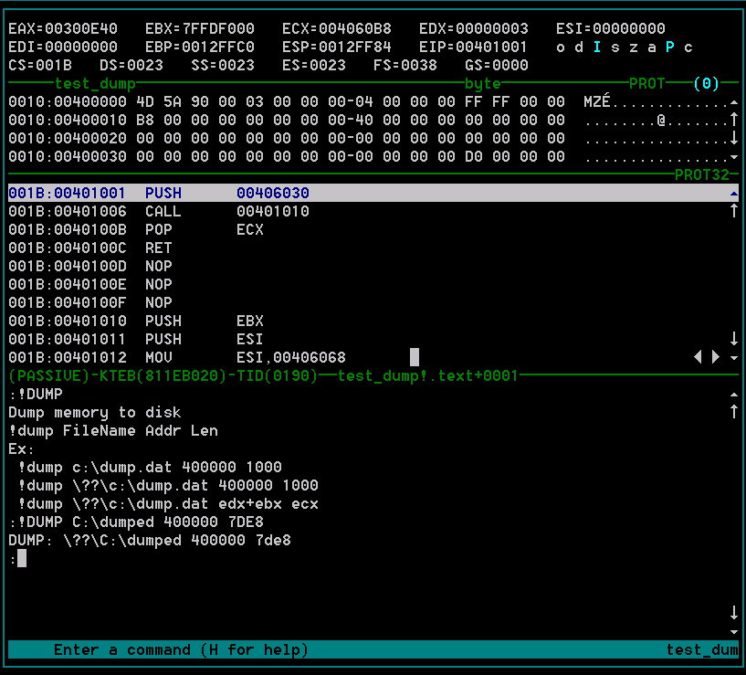 The SoftICE debugger executing the !DUMP memory dump command