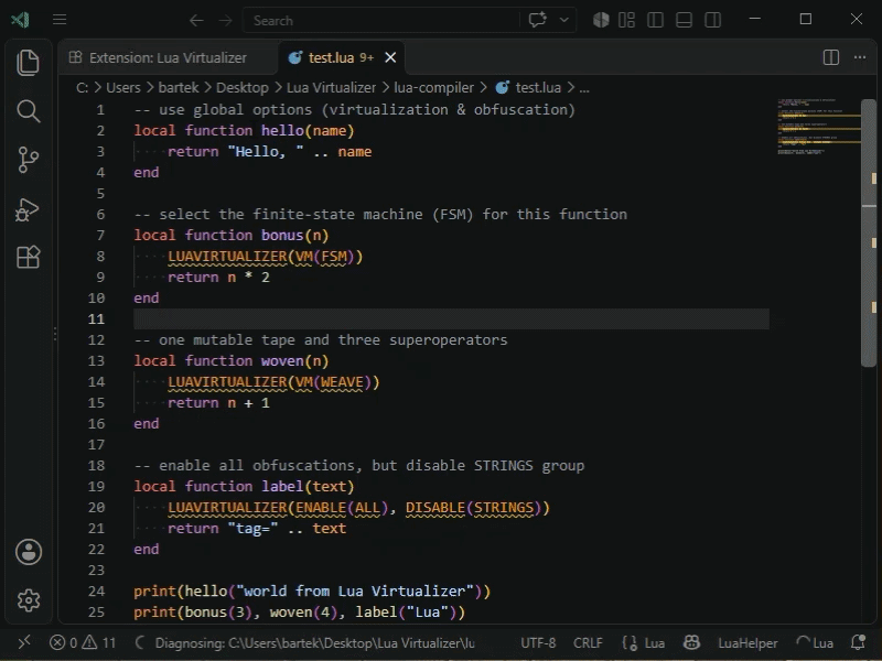 Lua code virtualization in Visual Studio Code