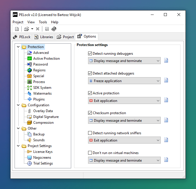 PELock Options Protection Settings