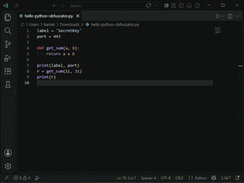 Python Obfuscator and Virtualizer - obfuscation in Visual Studio Code IDE