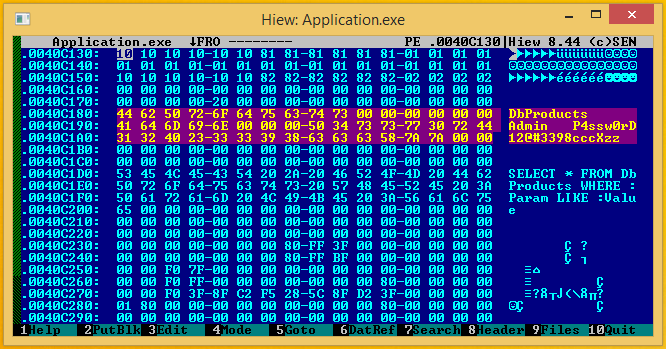 Database password in plain text viewed in HIEW hex editor