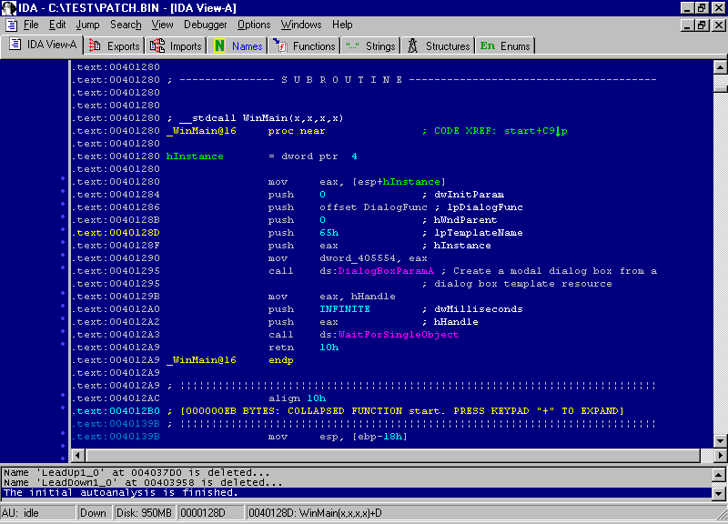 Deasembler IDA - kod w WinMain.