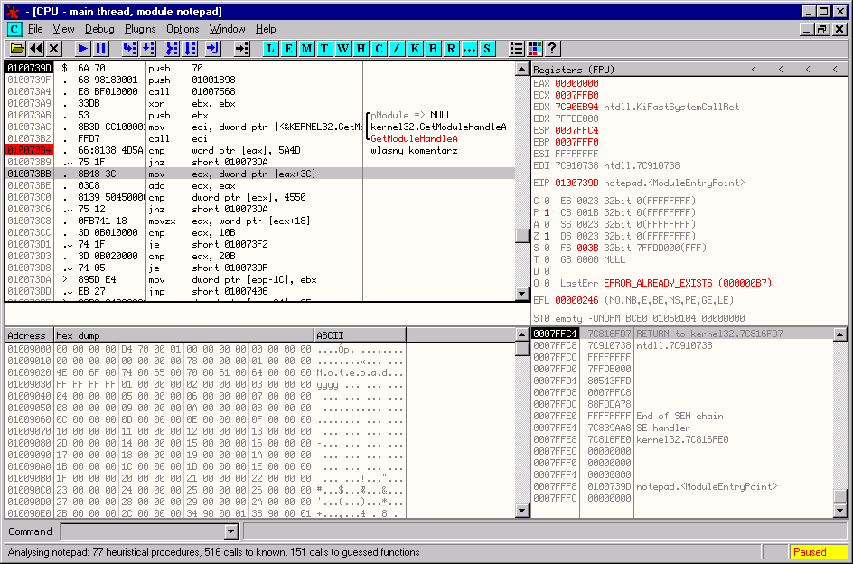 Okno debuggera OllyDbg