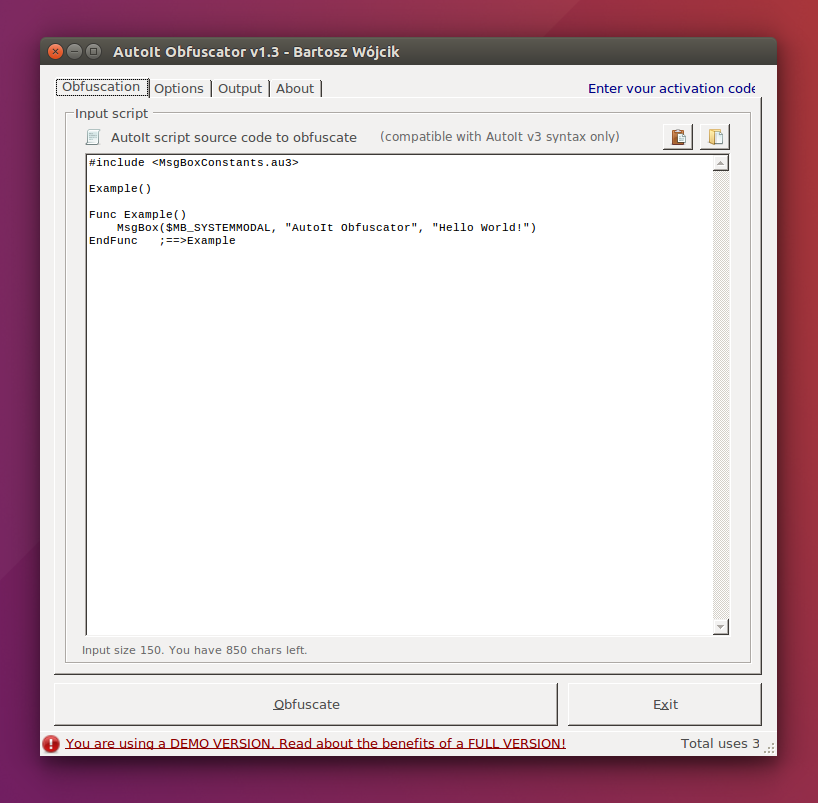 AutoIt Obfuscator v1.3 główne okno w systemie Ubuntu Linux