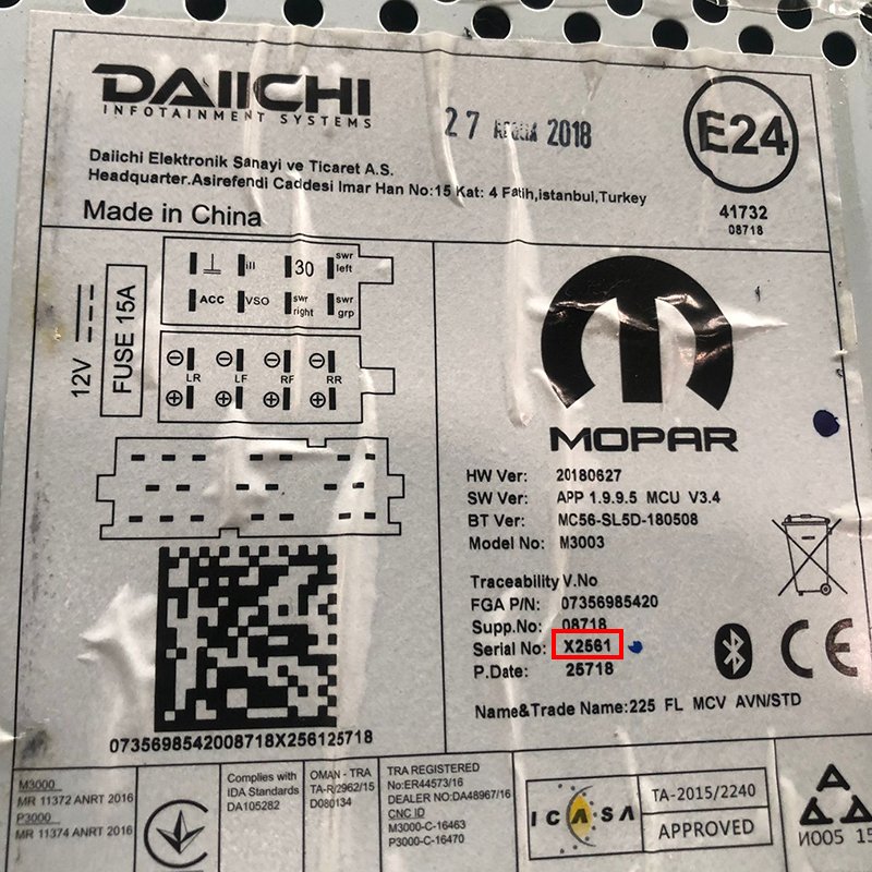 Numer seryjny dla kalkulatora kodu radiowego dla radia Fiat DAIICHI.