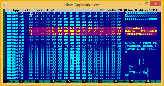 Hasło do bazy danych jawnym tekstem widziane w hex edytorze HIEWin HIEW hex editor